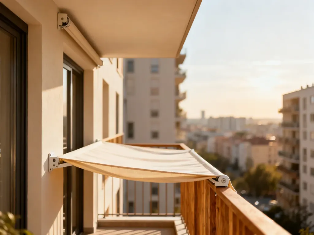 Nowoczesny balkon w bloku z rozkładaną markizą zamontowaną bez wiercenia, zapewniającą cień w słoneczny dzień.
