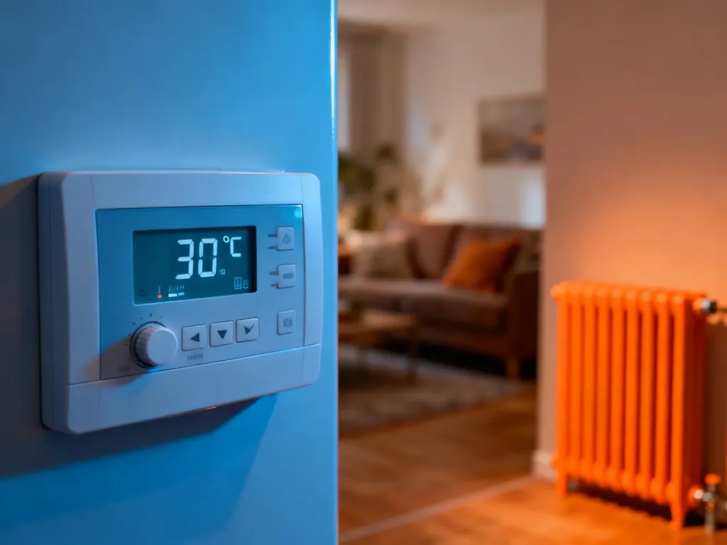Cyfrowy panel sterowania piecem Defro z ustawieniami temperatury na tle przytulnego, ogrzewanego salonu.
