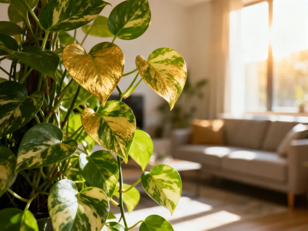Zbliżenie na liście epipremnum happy leaf o charakterystycznym wybarwieniu w słonecznym, nowoczesnym salonie.