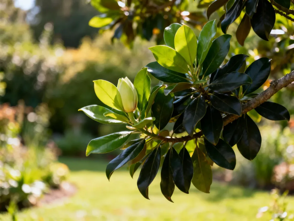 Zdrowe, zielone liście magnolii na gałęzi w słonecznym ogrodzie, ilustrujące wygląd rośliny po okresie kwitnienia.